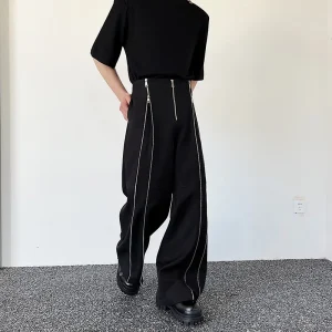American Retro Wide Leg Long Pants Men's Personali Deconstructed Double Head Zipper Design Straight Split Trousers - AliExpress Pants