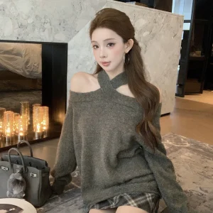 oulder Bared Loose Knitted Sweater Women's Faion Spring New Sle Casual Comfortable Ne Hanging One oulder Design - AliExpress Sweaters&Jumpers