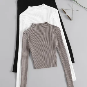 3pcs Women's Mock Neck Ribbed Knit Crop Top, Long Sleeve Pullover Sweater for Fall Winter - AliExpress Sweaters&Jumpers