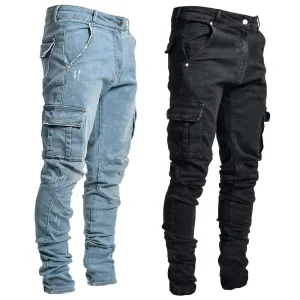 Street Style Men's Elastic Waist Denim Cargo Pants Clean Fit PVC Material Neutral Winter Fashion Casual Trousers - AliExpress Pants