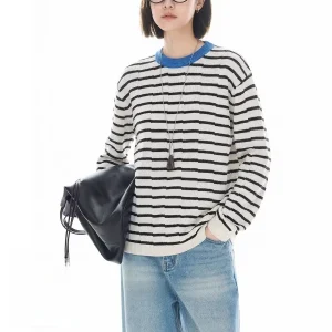 Cloud Life Piano Key Color Block Striped Loose Fit Women's Knitted Sweater round Neck Long Sleeve Soft Wool Blend Spring 2026 - AliExpress Sweaters&Jumpers