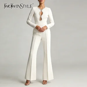 TWOTWINSTYLE Slimming Hollow Out Spliced Bead Minimalist Jumpsuit for Women Round Neck Long Sleeves High Waist Jumpsuits Female - AliExpress Jumpsuits&Rompers