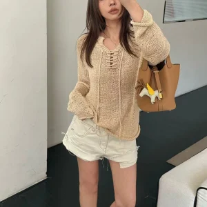 Loose V-neck Knitted Sweater Women's Long Sleeve Tunic Top with Belt Spring Summer New Style Hollow out Lazy Style Fashion - AliExpress Sweaters&Jumpers