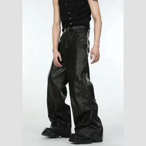 Retro 2025 Men's Casual Loose Straight Leg Black Leather Pants Old Fashioned Dragging Trousers Three Dimensional Deconstruction - AliExpress Pants