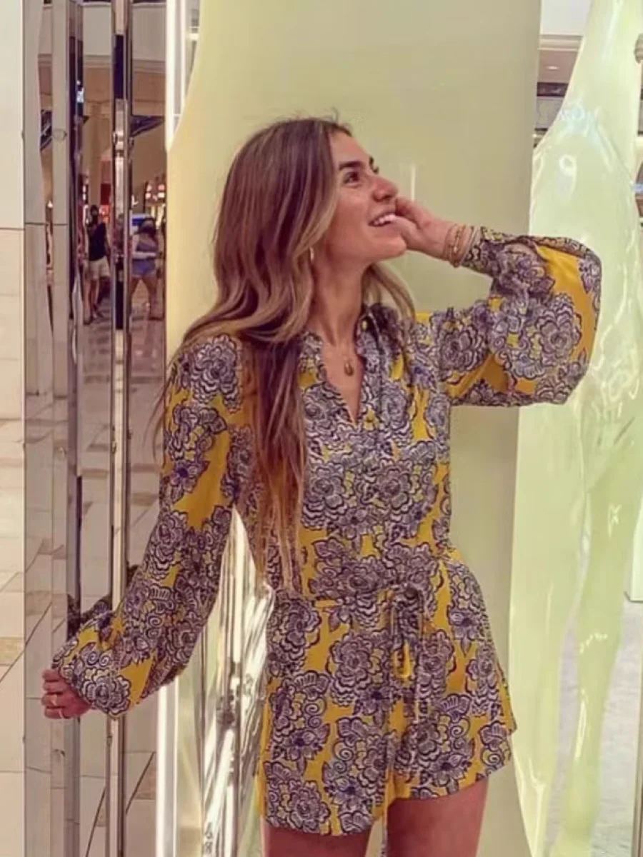 Women Retro Print Jumpsuit Turn-down Collar Long Sleeve Lace-up Waist Vintage Female Cotton Rompers - AliExpress Jumpsuits&Rompers