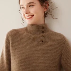 Classic cashmere pullover sweater for women knitted sweater half high collar decorative bucklelong sleeved soft warm basic top - AliExpress Sweaters&Jumpers