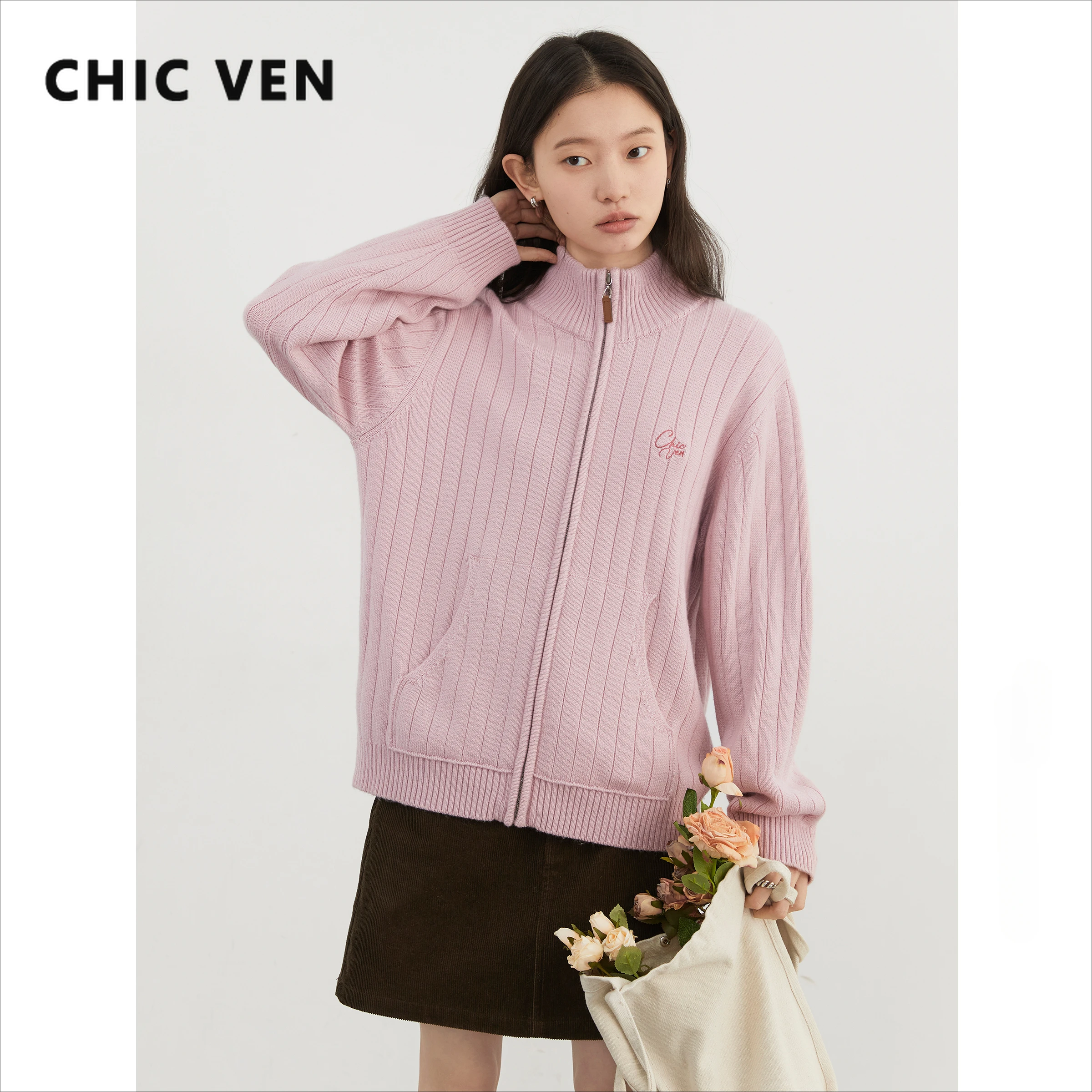 CHIC VEN Korean Women Knitted Cardigan Solid Embroidery Print Loose New Stand Up Collar Female Sweaters Autumn Winter 2024 - AliExpress Sweaters&Jumpers