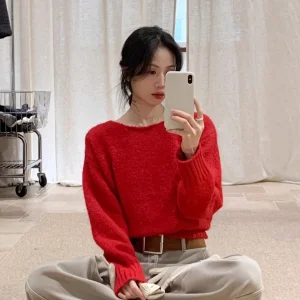 BRIVIN Red Knitted Sweater Women's Winter New Wool Lazy Aosphere White Enhancing Knitwear round Ne Long Sve Loose Fit - AliExpress Sweaters&Jumpers