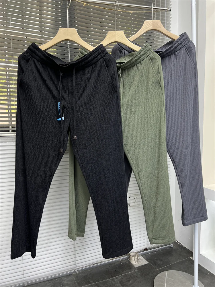 Ice Silk Straight Leg Pants Pure Color Bubble Cloth Men's Summer Casual Long Trousers Cool Naked Sensation Faionable Urban ... - AliExpress Pants