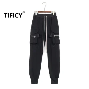 Dark RO Black High Street Multi Pocket Work Fashion Men's Elastic Waist Shell Pants Leg Binding Pants Slim Casual Pants - AliExpress Pants