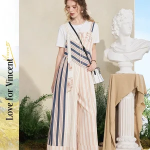 Artistic Striped Print Wide Leg Pants Women's Faion Color Blo Blouse Sle Commute Polyester Fiber Nine Points Pants - AliExpress Jumpsuits&Rompers