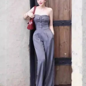BEWQ Fashion Women's Striped Off-shoulder Strapless Single-breasted High Waist Wide Leg Jumpsuit For Work 2026 Autumn New - AliExpress Jumpsuits&Rompers