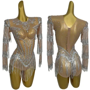 Sequins Rhinestone Tassel Sparkly Bodysuit Showgirl Stage Performance Night Party Dance Outfit Ladies Latin Dance Team Yixing - AliExpress Jumpsuits&Rompers