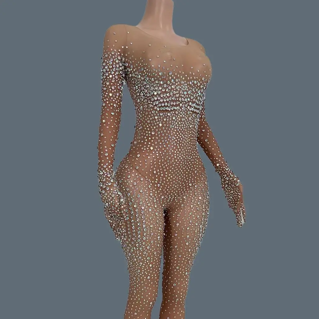 Flashing Rhinestones Halloween Jumpsuit with Gloves Sleeve Women Sexy Mesh Dance Costume Nightclub Stage Outfit Tiaotiaotang - AliExpress Jumpsuits&Rompers