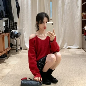 Red oulder-Open Knitted Sweater Women's New Design Bear Fur Slimming White Enhancing Top Korean Sle Loose Fit Pure Color - AliExpress Sweaters&Jumpers