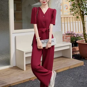 Faionable V-Ne-Piece Pants Women's Summer New Belted Slimming Wide Leg Long Pants Casual High Waist Polyester Fiber - AliExpress Jumpsuits&Rompers