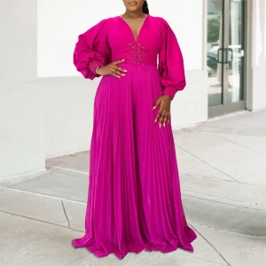 Elegant Pleated Jumpsuits & Rompers for Women V Neck Full Sleeve Diamond Wide Leg Loose Floor Length Luxury Birthday Party Cloth - AliExpress Jumpsuits&Rompers