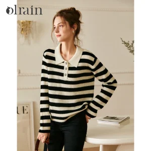 OLrain POLO Neck Women Pullover Sweater 2026 Autumn Spliced Lazy Long Sleeve Button Knitted Tops Woman Clothing O21DM59621 - AliExpress Sweaters&Jumpers