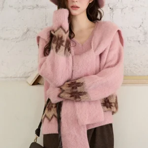 MISHOW Jacquard Pullovers for Women 2025 Winter Fashion Retro Geometric Pattern V-Neck Knitted Sweater with Shawl MXE86Z2654 - AliExpress Sweaters&Jumpers