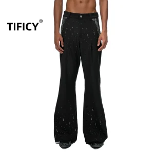 High Street Meteor Heavy Industry Fine Sparkling Diamond Black Western Pants Men's Straight Tube Micro Pull High Waist Pants - AliExpress Pants