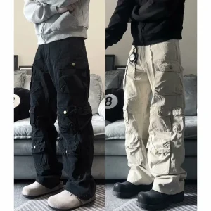Multi-pocket cleanfit large pocket button straight loose American overalls men's trendy jeans - AliExpress Pants