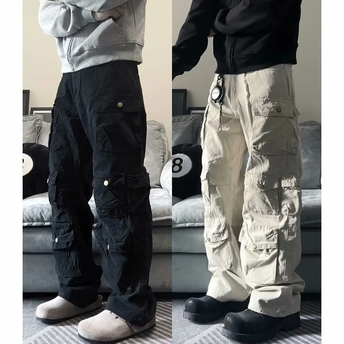 Multi-pocket cleanfit large pocket button straight loose American overalls men's trendy jeans - AliExpress Pants