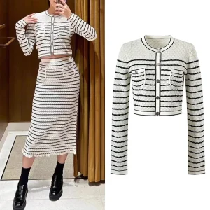 Spring 2024 Commuter Sle Knitted ort Sve Striped Color Blo Faion Versatile Women's Cardigan Bright Tead Detail - AliExpress Sweaters&Jumpers