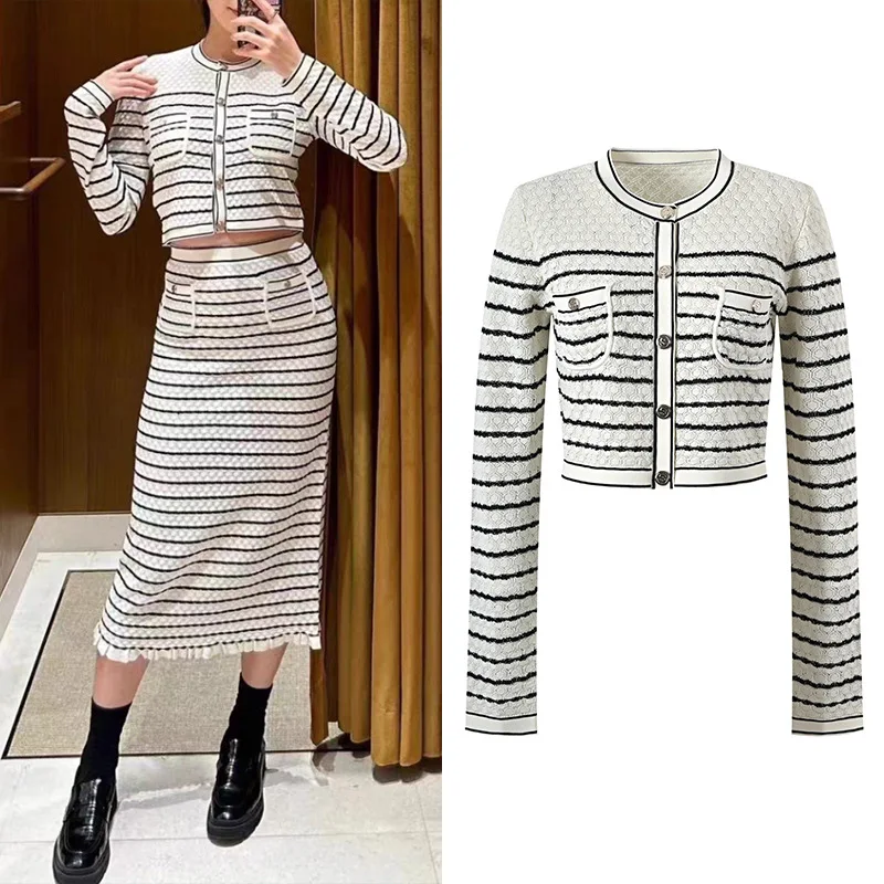 Spring 2024 Commuter Sle Knitted ort Sve Striped Color Blo Faion Versatile Women's Cardigan Bright Tead Detail - AliExpress Sweaters&Jumpers