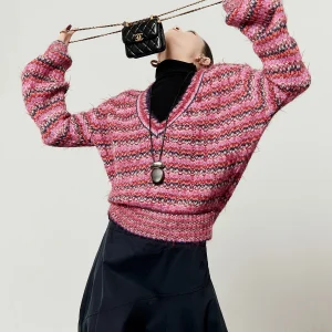 Spring 2026 Women's Loose Stripe Sweater Red And White Stripes Rainbow Splicing Fluffy Top Lazy Sle Knittedwear Jaet - AliExpress Sweaters&Jumpers