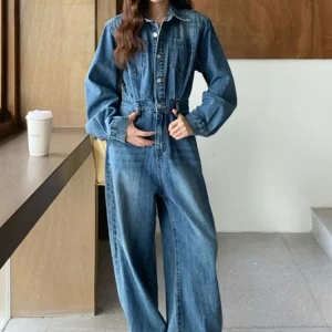 Spring New Women Work Denim Overalls  Single Breasted High Street Casual jumpsuits Long Sleeve Vintage Female Wide Leg Rompers - AliExpress Jumpsuits&Rompers