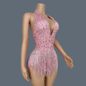 Sexy Women Rhinestone Tassel Pink Bodysuit Deep V Neck Sparkly Dancewear Night Club Stage Performance Leotard Party Outfit Guabo - AliExpress Jumpsuits&Rompers