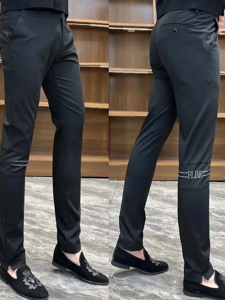 Business Casual Pants Men's Slim Fit Embroidered Patchwork Straight Leg Cotton Trousers Youth Fashion Anti-Wrinkle - AliExpress Pants