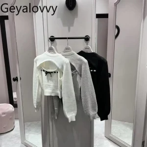 Japanese Style Pure Original Sweet Girl Versatile Color-Block Bowknot Camisole Top and Long Sleeve Vest Pullover Two-Piece Set - AliExpress Sweaters&Jumpers
