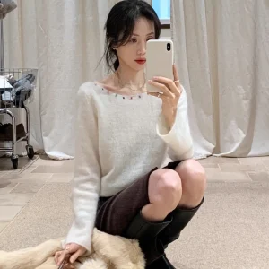BRIVIN Soft White oulder-baring Camere Sweater Women's Winter New Sle Decorated with  Beads Comfortable Top - AliExpress Sweaters&Jumpers