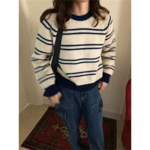 Selfwill Women's Stripe Sweater round Ne Long Sve Overhead oulder Insertion Color Blo Sweater Sweet Sle Regular Le... - AliExpress Sweaters&Jumpers