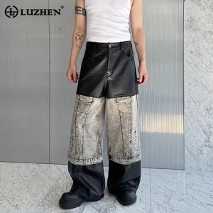 LUZHEN Trendy Leather Pants Faux Spring Casual Cowboy Patchwork Personalized Street High Straight Male Trousers Original JY5949 - AliExpress Pants