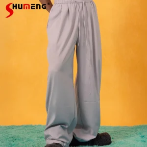Men's 2025 Four Seasons Wear New Ice Silk Elastic Waist Drawstring Suit Trousers Loose Wide Leg Trousers Straight Elastic Pants - AliExpress Pants