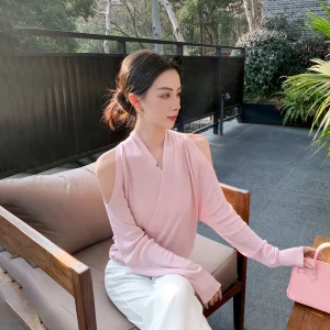 Ele Sle Women's Knitted Sweater Pink Cross Collar Full Day Silk Comfortable Breathable Long Sve V-Ne Top - AliExpress Sweaters&Jumpers