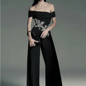 Sexy Off The Shoulder Embellished Diamonds Jumpsuit Women Black Slash Neck Crystal Wide Leg Jumpsuit Evening Runway Party - AliExpress Jumpsuits&Rompers