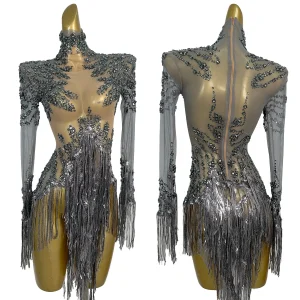 High-end Crystals Sequins Tassel Tight Fitting Bodysuit Bar Sexy Women See Through Sparkly Dress Latin Dance Team Wear Tangshui - AliExpress Jumpsuits&Rompers