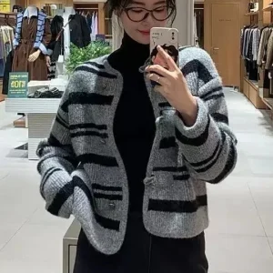 MICOAT ey nt V25 Autumn Winter Ele Buttoned Stripe Knitted ort Sweater Women's Open Cardigan Retro Sle Lon... - AliExpress Sweaters&Jumpers