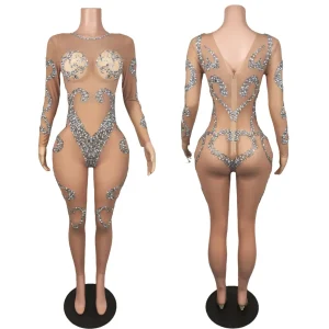 Sparkly Rhinestone Tight Fitting Jumpsuit Women Sexy Mesh See Through Night Party Outfit Performance Costume Stage Wear Lingshe - AliExpress Jumpsuits&Rompers