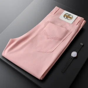 Faionable Slim Fit Pink Casual Pants for Men Straight Leg Summer Trendy Brand Label Comfortable Long Trousers - AliExpress Pants