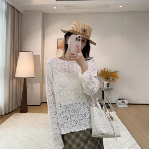 Lace Hollow out Long Sve round Ne Women's Knitted Sweater Loose Fit Casual Sle Ruched Design Sun Protection Top - AliExpress Sweaters&Jumpers