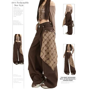 Women's Faion Plaid Patchwork Denim Cargo Pants Straight Leg Cleanfit Sle PVC Material Neutral G Winter Collection - AliExpress Pants