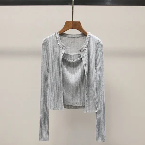 Sweet Knitted Set South Oil ey Heavy Work Bead Collar Open Cardigan Top Strap Spring 2025 Women's Faion Slim Fit Long Sve - AliExpress Sweaters&Jumpers