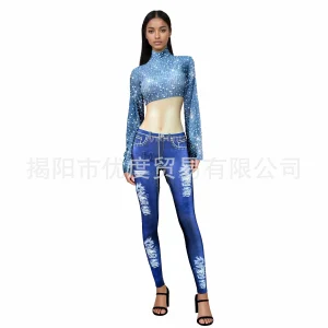 Denim Fake Two-Piece Flared Sleeve Stretch Rhinestone Jumpsuit Performance Dress Evening Birthday Party Clothing Double Pants - AliExpress Jumpsuits&Rompers