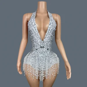 Sparkly Crystals Deep V Neck Backless White Bodysuit Nightclub Stage Performance Wear Sexy  Dance Show Tassel Leotard Bingzhui - AliExpress Jumpsuits&Rompers