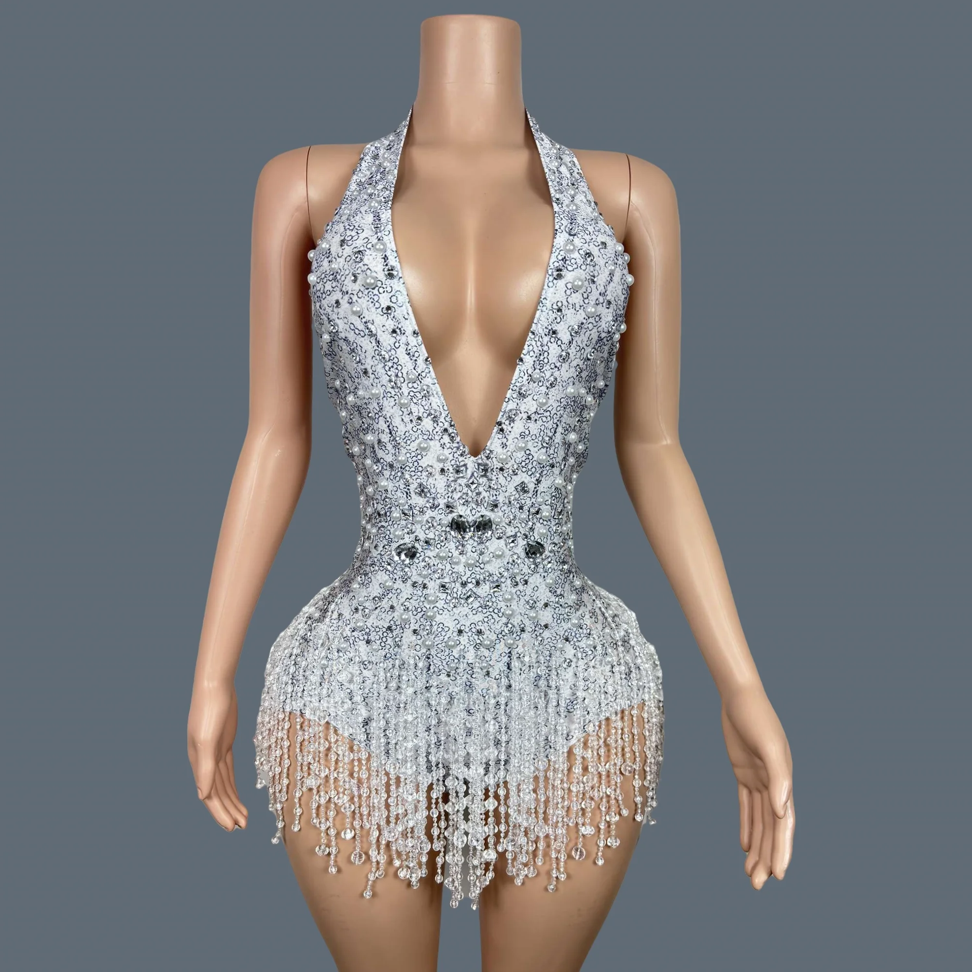 Sparkly Crystals Deep V Neck Backless White Bodysuit Nightclub Stage Performance Wear Sexy Dance Show Tassel Leotard Bingzhui - AliExpress Jumpsuits&Rompers