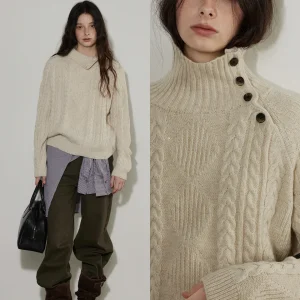 Lofi Choose Vintage Tweed High Ne Knitted Sweater Women Winter New Sle Soft Cozy Overhead Top Long Sve Regular Fit - AliExpress Sweaters&Jumpers
